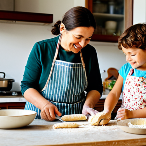 Home 11 **
"A cheerful Italian family is baking biscotti in a bright, sunlit kitchen. The mother is wearing a floral apron, and the children, a boy and a girl, are helping to stir the dough. Bowls of ingredients are scattered on the countertop. Warm, inviting atmosphere. Fully clothed, appropriate attire. Safe for work, professional photography, perfect anatomy, natural proportions, family-friendly, modest setting, well-formed hands, proper finger count."
**