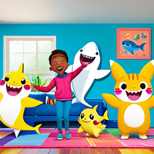Home 6 **
"A group of diverse, fully clothed children, wearing casual and colorful clothing appropriate for play, are joyfully dancing and singing along to Pinkfong's Baby Shark song in a bright and cheerful family-friendly living room. The scene is filled with toys and musical instruments. Safe for work, appropriate content, perfect anatomy, natural proportions, professional illustration, high quality."
**