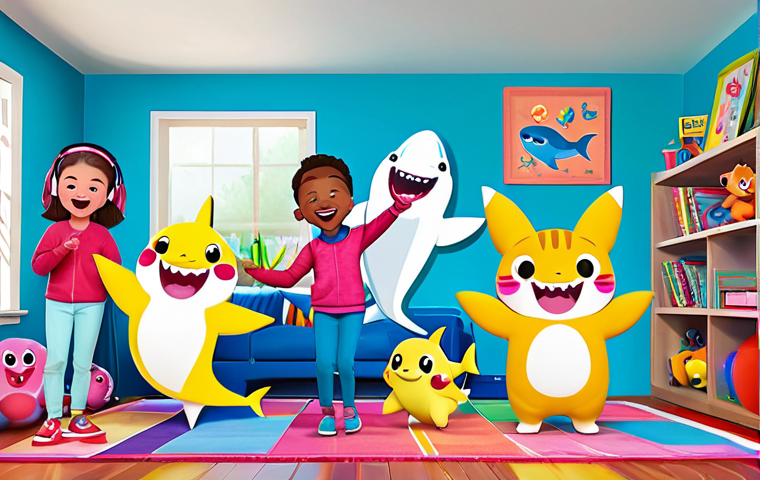 **
"A group of diverse, fully clothed children, wearing casual and colorful clothing appropriate for play, are joyfully dancing and singing along to Pinkfong's Baby Shark song in a bright and cheerful family-friendly living room. The scene is filled with toys and musical instruments. Safe for work, appropriate content, perfect anatomy, natural proportions, professional illustration, high quality."
**